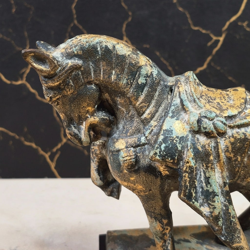 Pair of Antique Style Cast Iron Tang Dynasty War Horse Sculptures 2pc Set - 3
