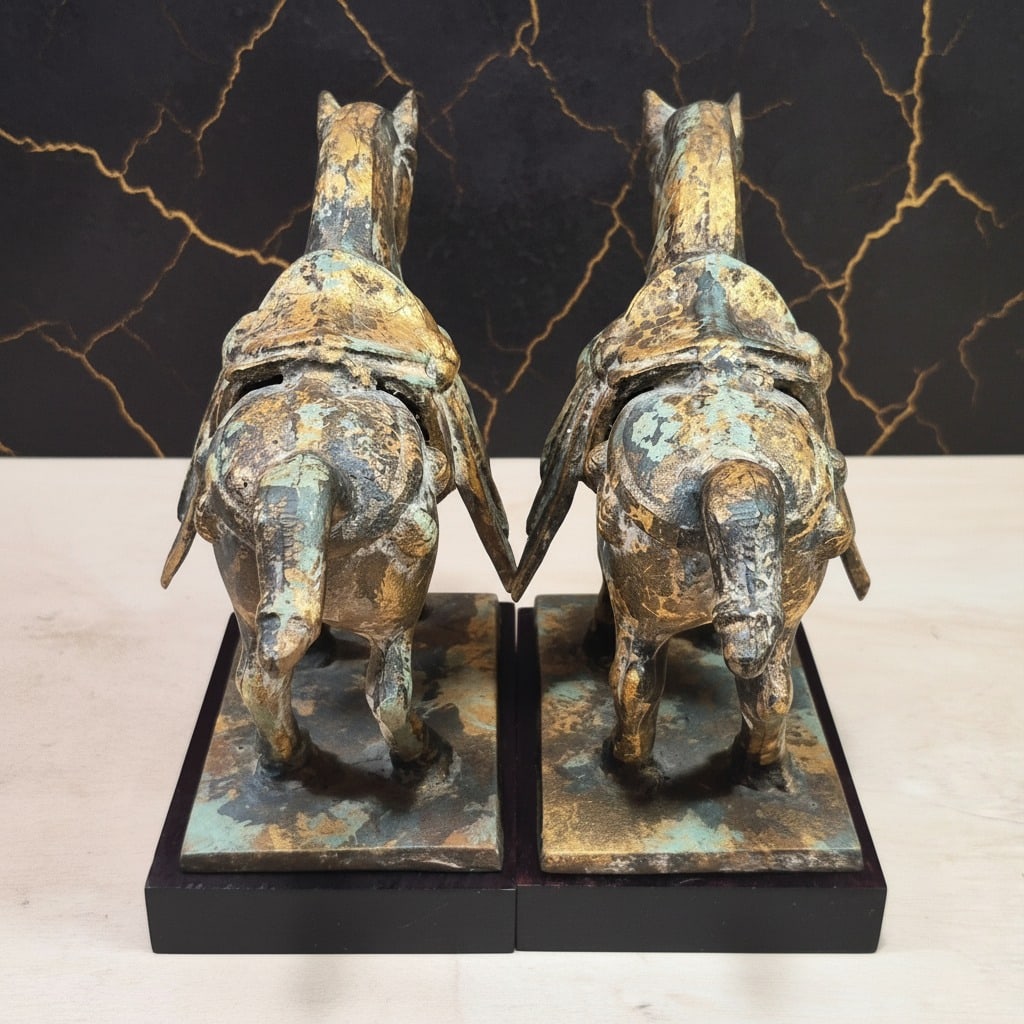 Pair of Antique Style Cast Iron Tang Dynasty War Horse Sculptures 2pc Set - 4