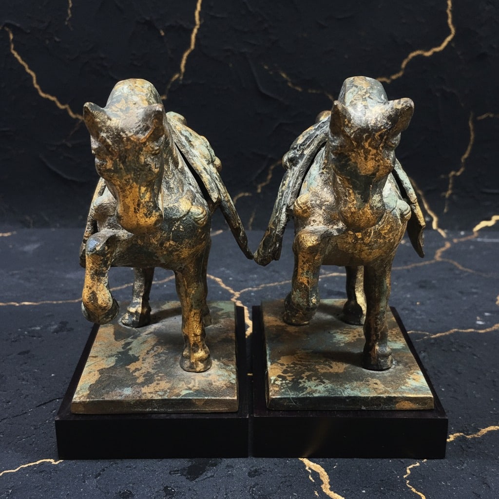 Pair of Antique Style Cast Iron Tang Dynasty War Horse Sculptures 2pc Set - 5