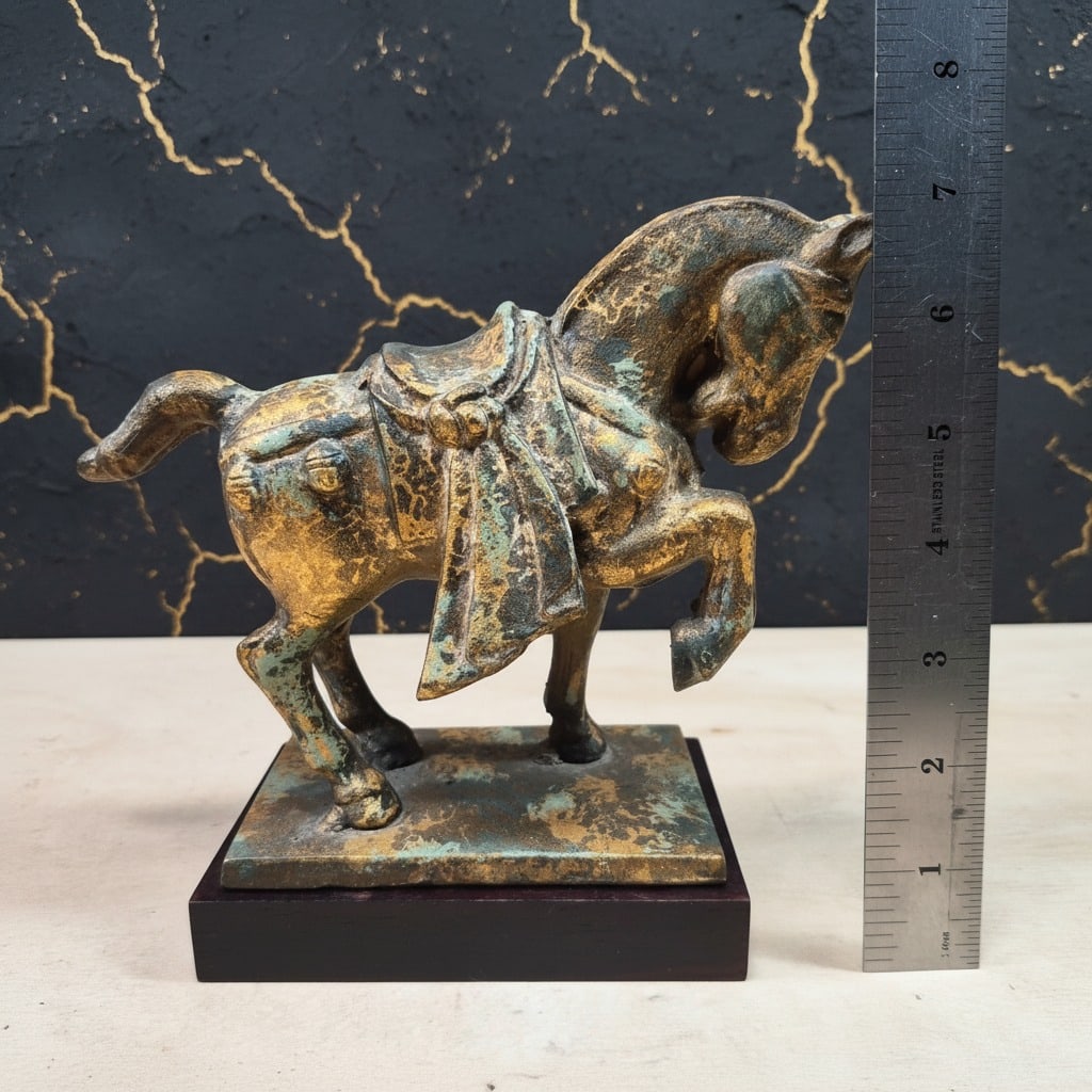 Pair of Antique Style Cast Iron Tang Dynasty War Horse Sculptures 2pc Set - 6
