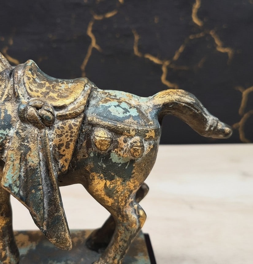 Pair of Antique Style Cast Iron Tang Dynasty War Horse Sculptures 2pc Set - 8