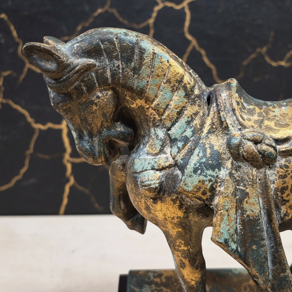 Pair of Antique Style Cast Iron Tang Dynasty War Horse Sculptures 2pc Set - 9