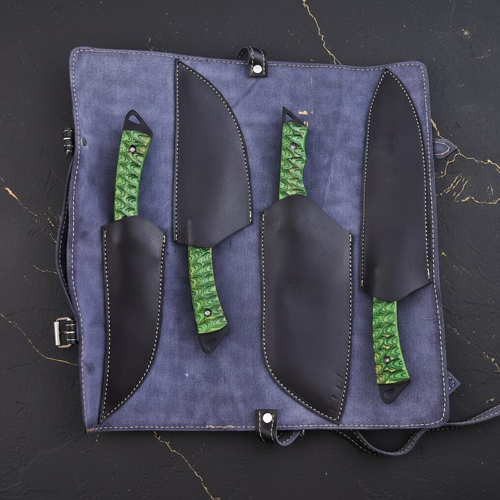 Hand Forged Damascus Chef Knife Set 4-Piece High Carbon Steel with Leather Roll Bag - 5