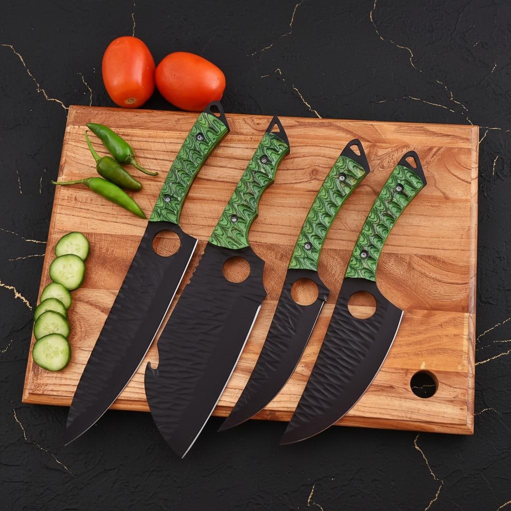 Hand Forged Damascus Chef Knife Set 4-Piece High Carbon Steel with Leather Roll Bag - 6