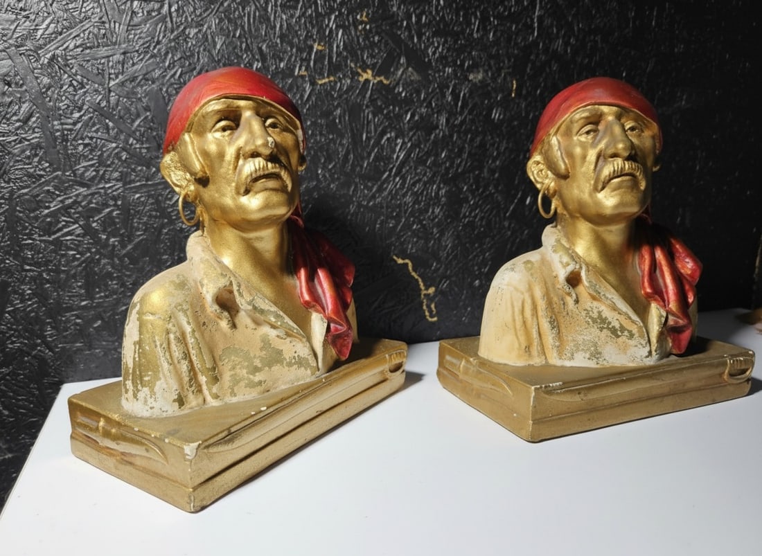 Vintage Chalkware Pirate Bookends Sculpted by Paul Herzel Nautical Decor - 12