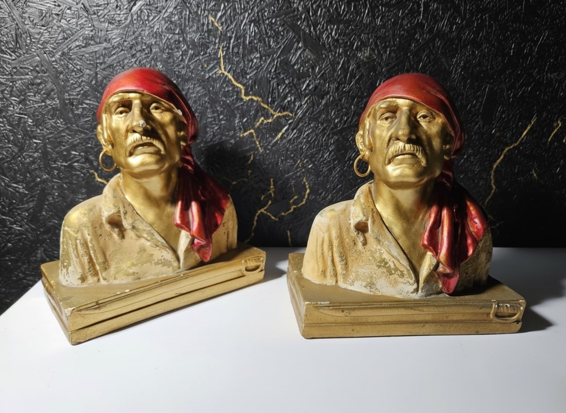 Vintage Chalkware Pirate Bookends Sculpted by Paul Herzel Nautical Decor - 13