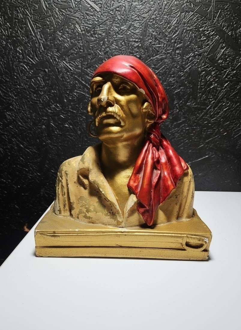 Vintage Chalkware Pirate Bookends Sculpted by Paul Herzel Nautical Decor - 14