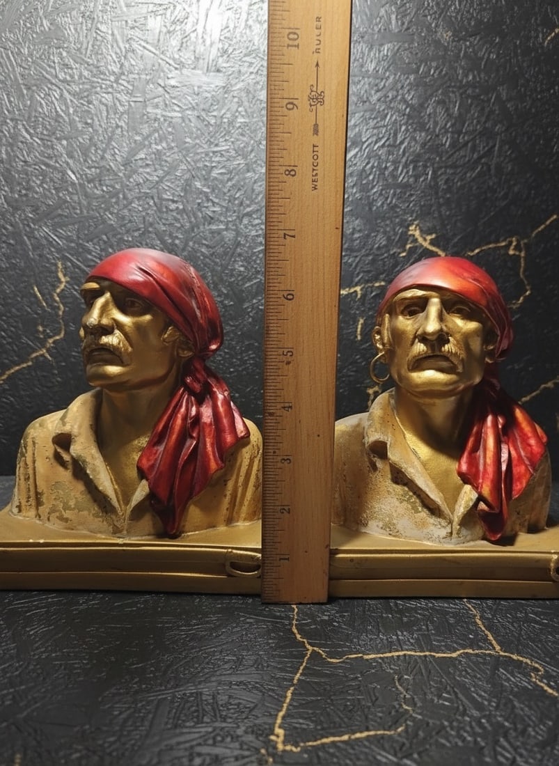 Vintage Chalkware Pirate Bookends Sculpted by Paul Herzel Nautical Decor - 15