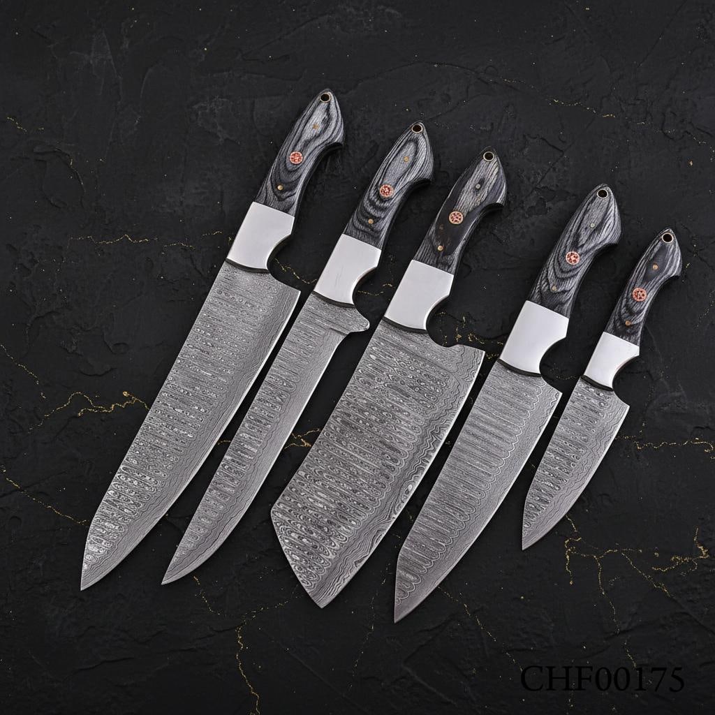 Handmade 5-Piece Damascus Steel Chef Knife Set with Black Wood Handles & Leather Roll: Title:Handmade 5-Piece Damascus Steel Chef Knife Set with Black Wood Handles & Leather Roll Description:This handcrafted 5-piece kitchen knife set features blades forged from 512 layers of pattern-wel