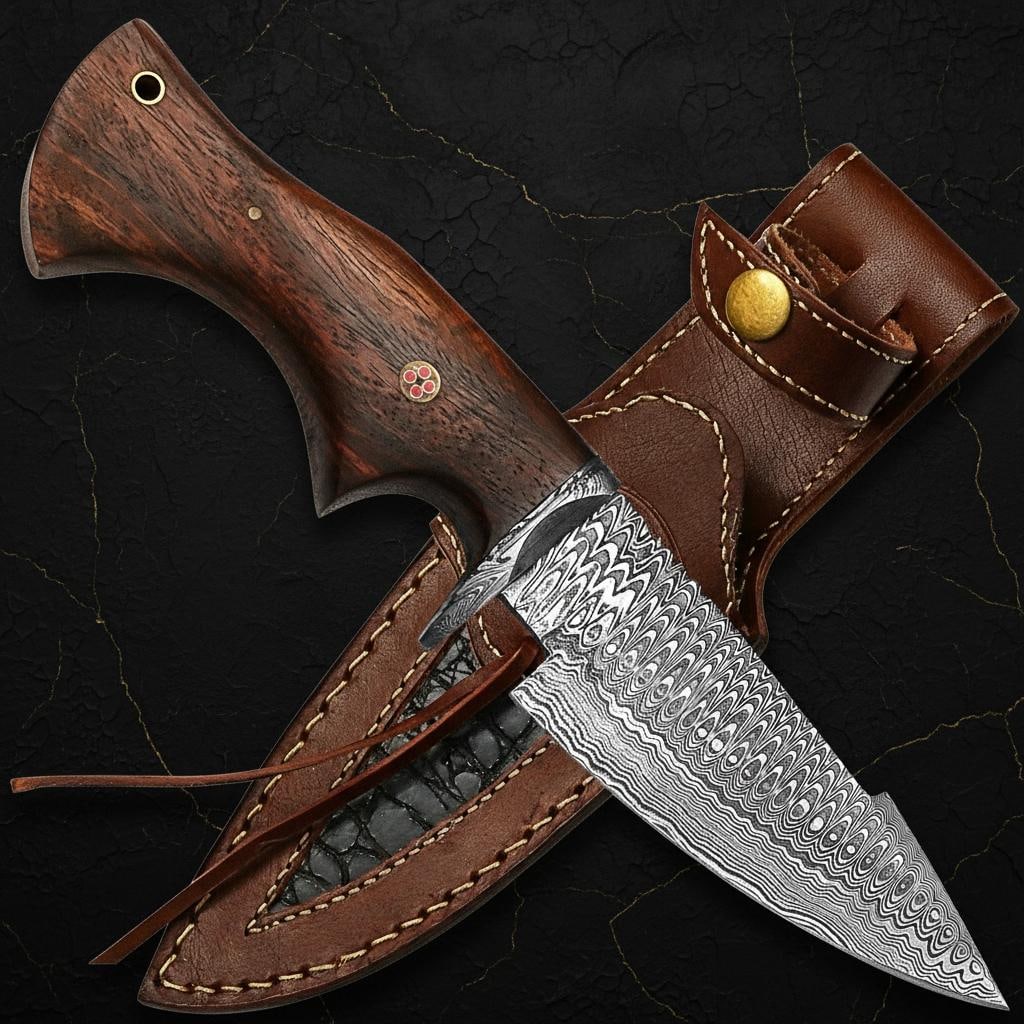 Custom Forged Bowie Knife 10" Twisted Damascus Steel Blade Rose Wood Handle Sheath - 4