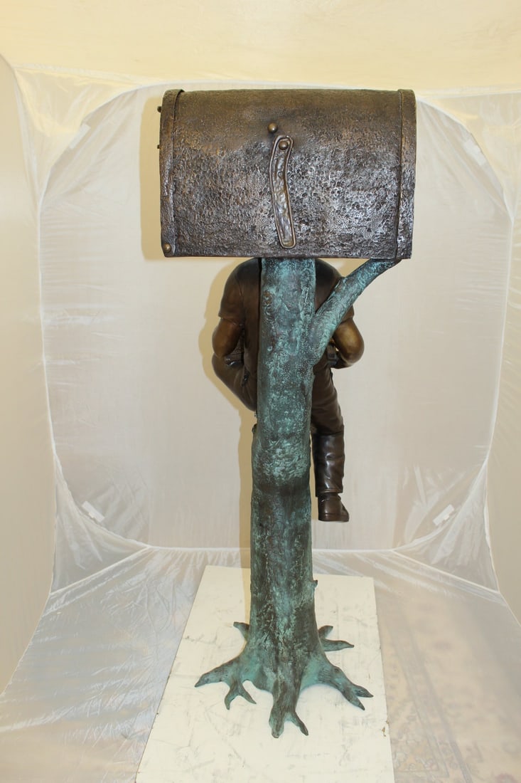 Boy Sitting by a Mailbox reading a book Bronze Statue - 16"L x 20"W x 50"H. - 9
