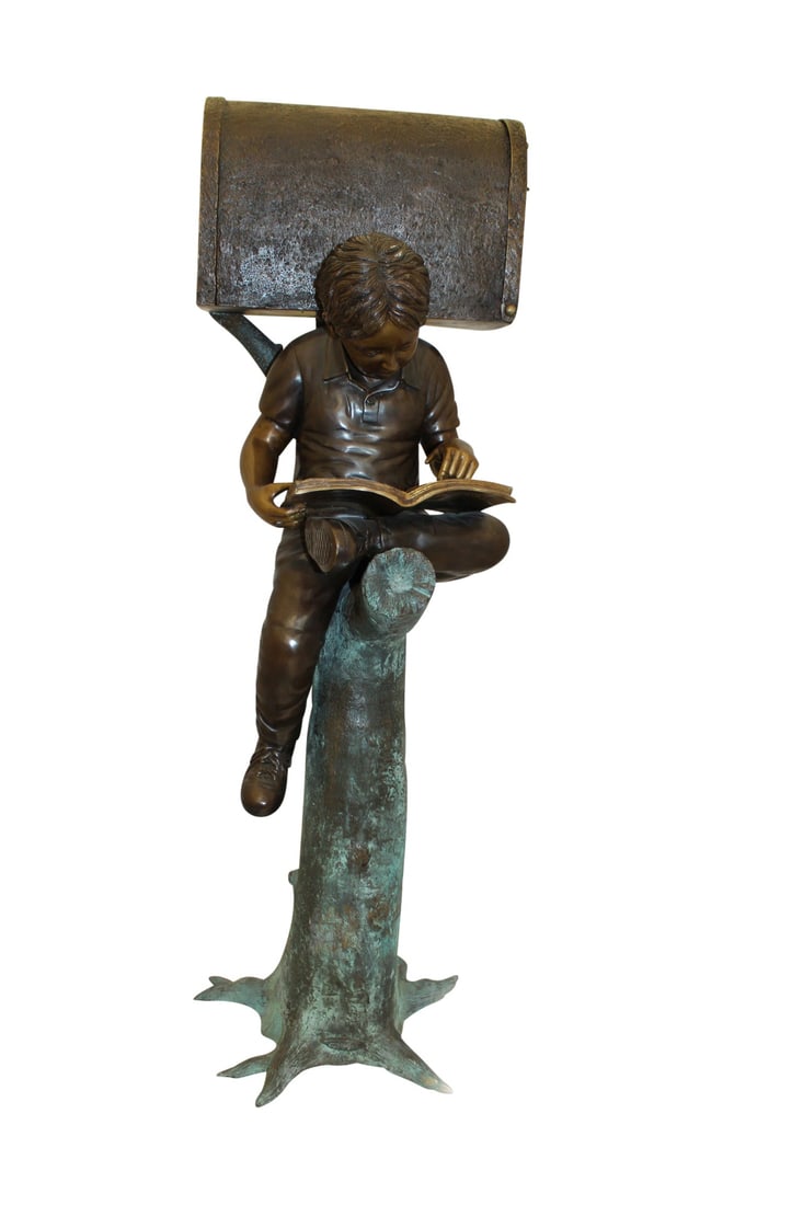 Boy Sitting by a Mailbox reading a book Bronze Statue - 16"L x 20"W x 50"H.: Title:Boy Sitting by a Mailbox reading a book Bronze Statue - 16"L x 20"W x 50"H. Description:Magnificent large size bronze of a boy siting outside by the mailbox, and reading a book while waiting for