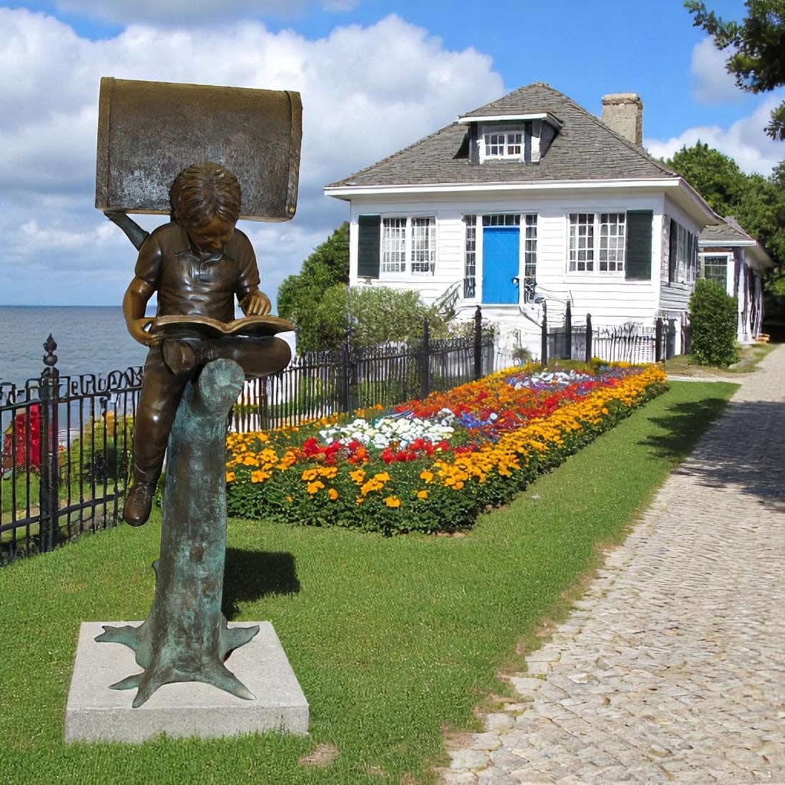Boy Sitting by a Mailbox reading a book Bronze Statue - 16"L x 20"W x 50"H. - 2