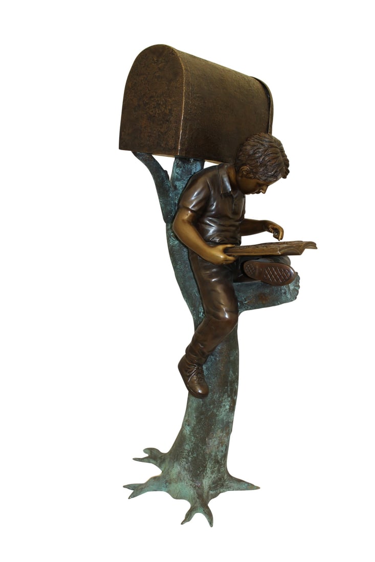 Boy Sitting by a Mailbox reading a book Bronze Statue - 16"L x 20"W x 50"H. - 4