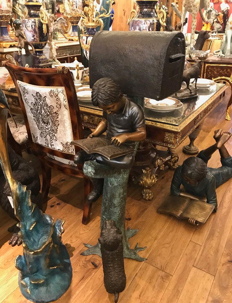 Boy Sitting by a Mailbox reading a book Bronze Statue - 16"L x 20"W x 50"H. - 6