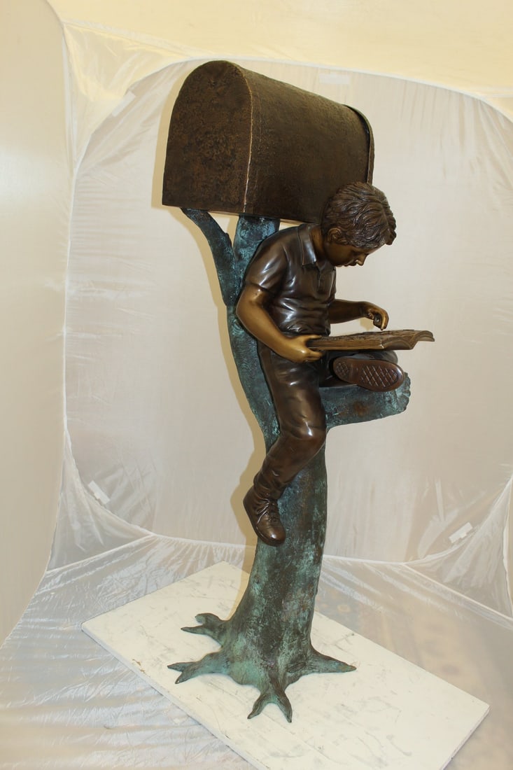 Boy Sitting by a Mailbox reading a book Bronze Statue - 16"L x 20"W x 50"H. - 7