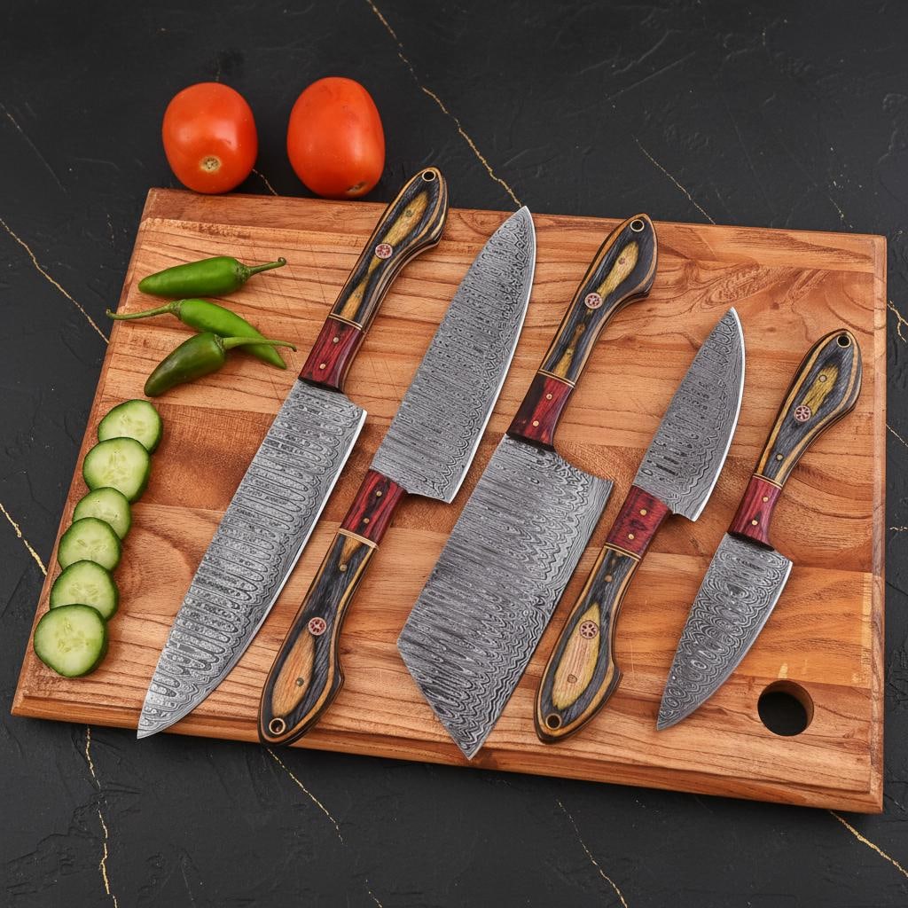 Forged Damascus Steel Kitchen Knife Set, 5 Piece Handmade Chef Knives with Rosewood Handles and - 2