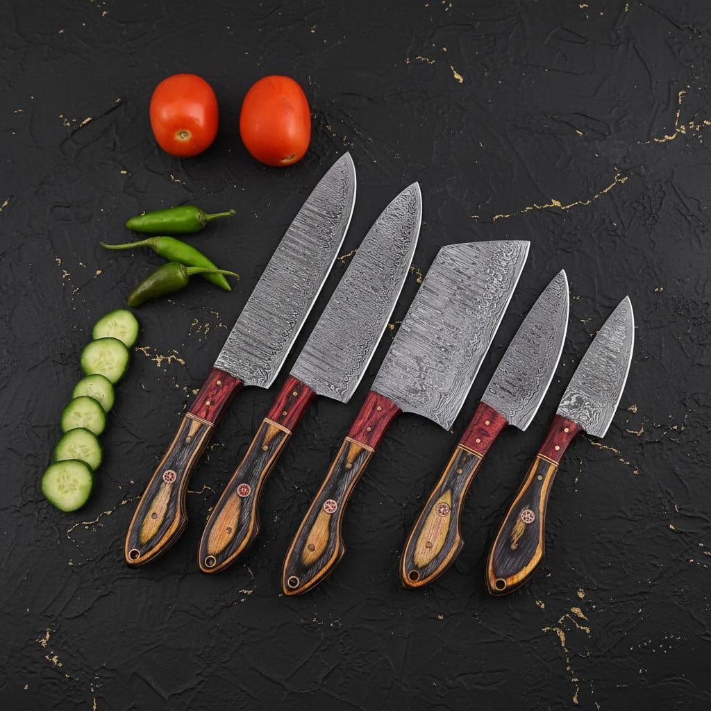 Forged Damascus Steel Kitchen Knife Set, 5 Piece Handmade Chef Knives with Rosewood Handles and - 5