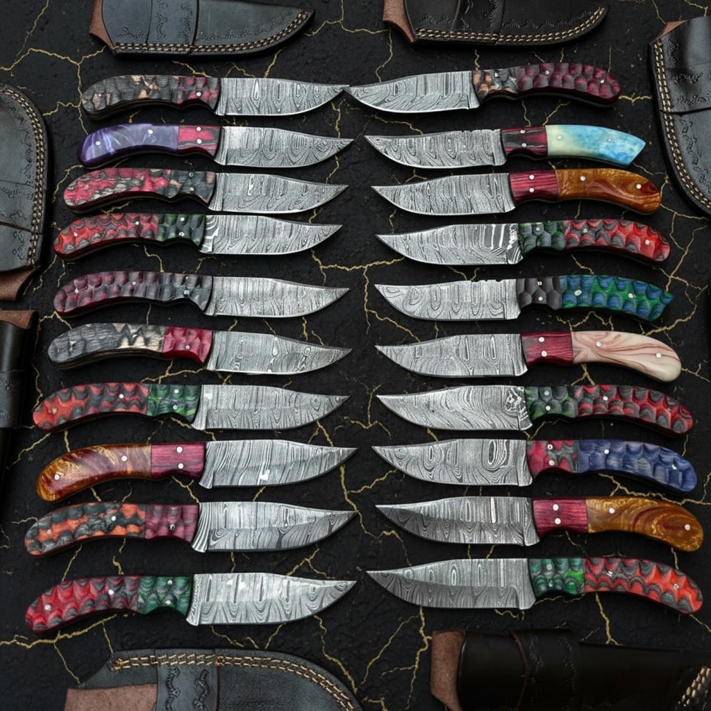 20 Damascus Steel Hunting Knife Set Handmade Fixed Blade With Leather Sheaths: Title:20 Damascus Steel Hunting Knife Set Handmade Fixed Blade With Leather Sheaths Description:This collection features a set of 20 hand forged Damascus steel hunting skinner knives, designed for rel