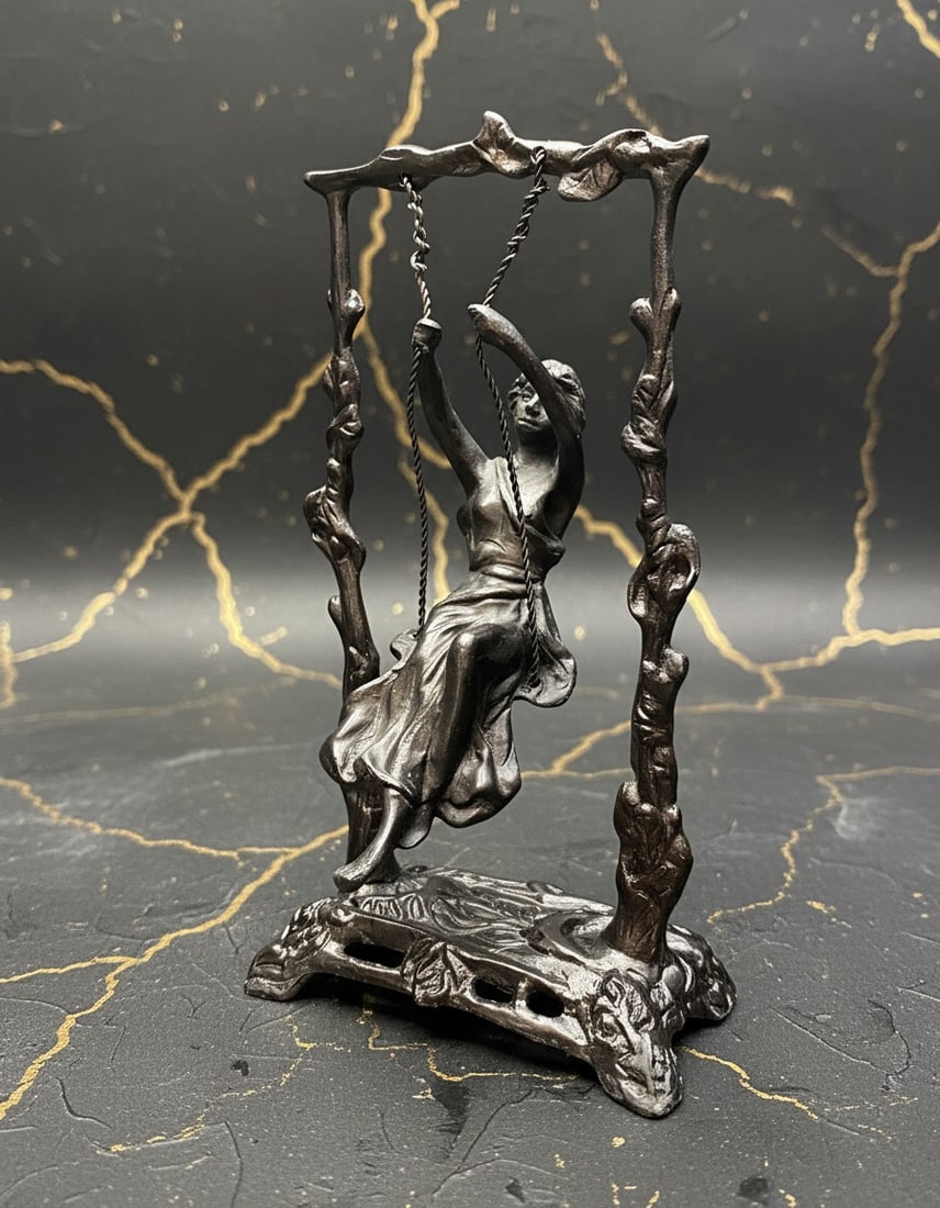 Art Nouveau Bronze Girl On Swing Statue Figurine Vintage Style Sculpture - 2