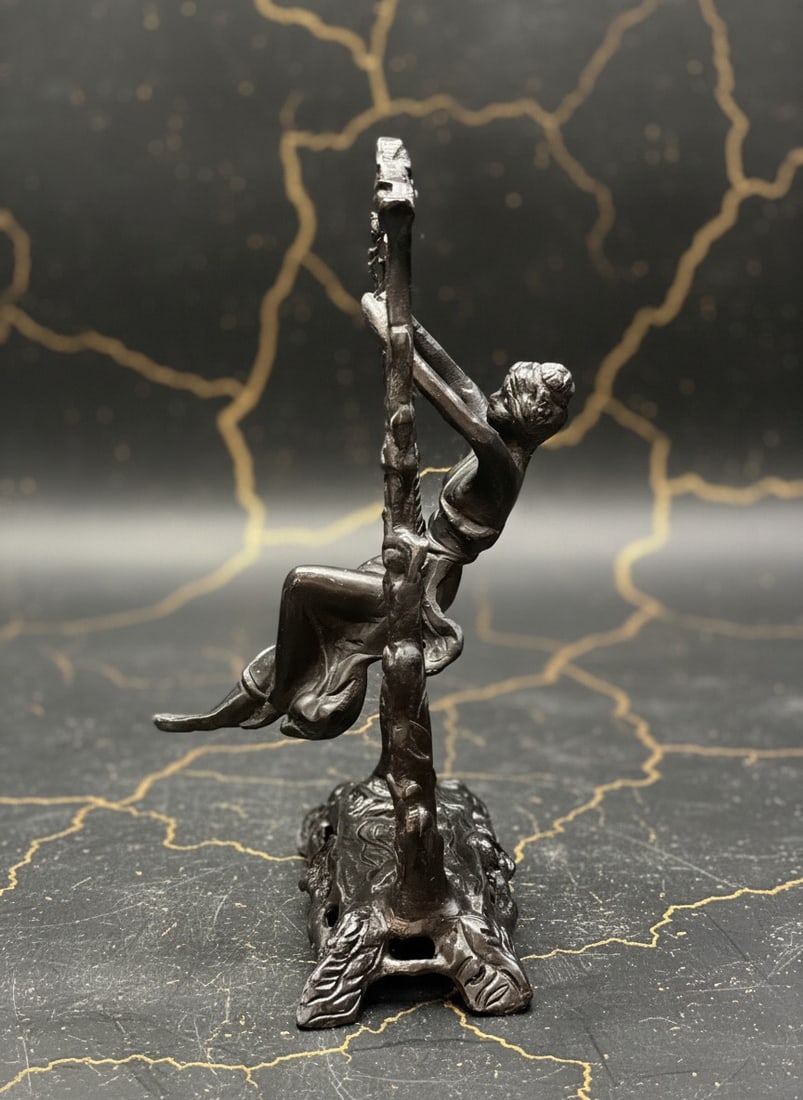 Art Nouveau Bronze Girl On Swing Statue Figurine Vintage Style Sculpture - 3