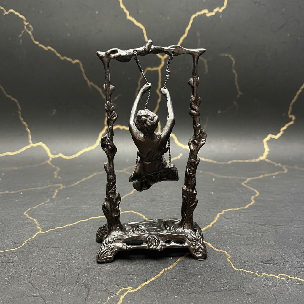 Art Nouveau Bronze Girl On Swing Statue Figurine Vintage Style Sculpture - 4