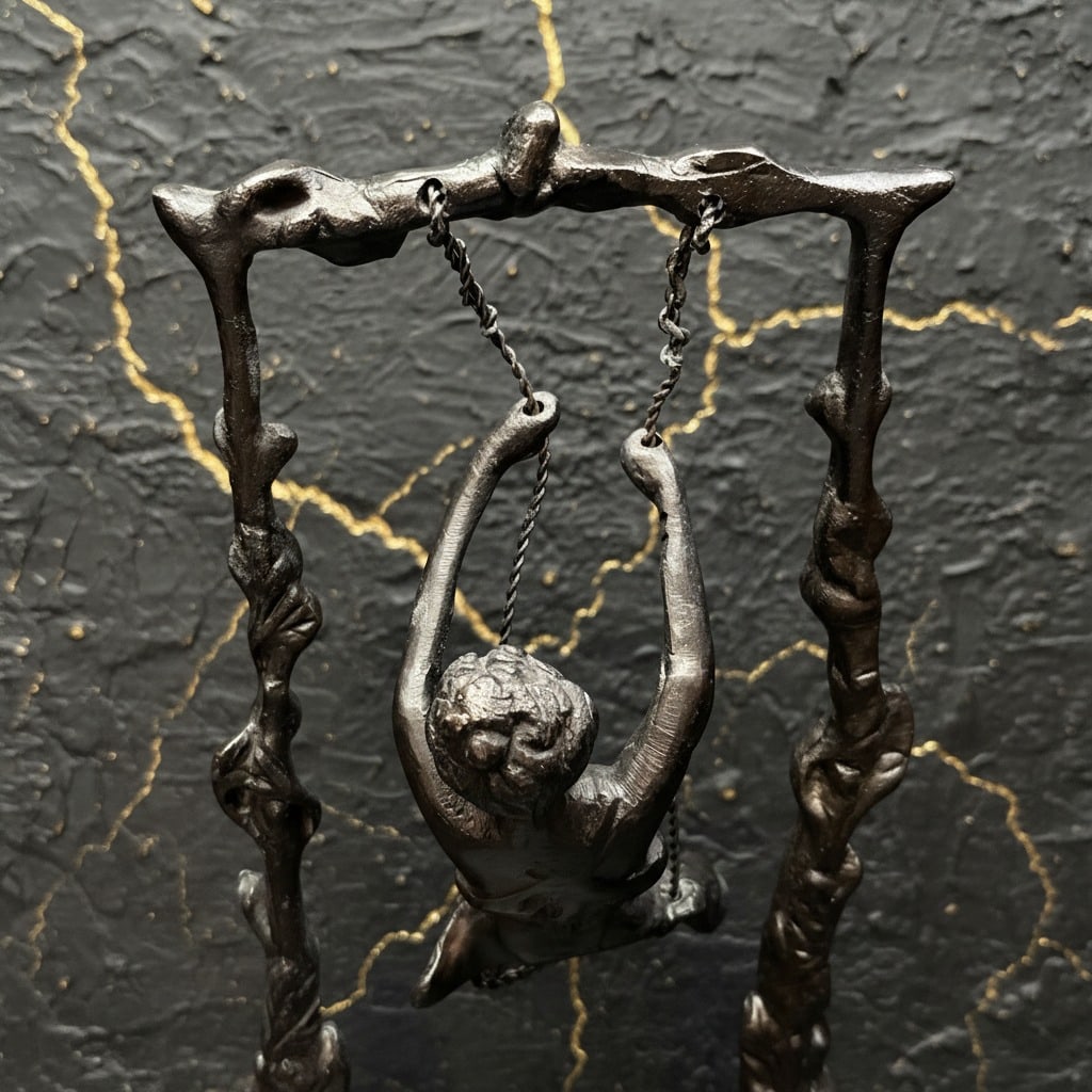 Art Nouveau Bronze Girl On Swing Statue Figurine Vintage Style Sculpture - 6