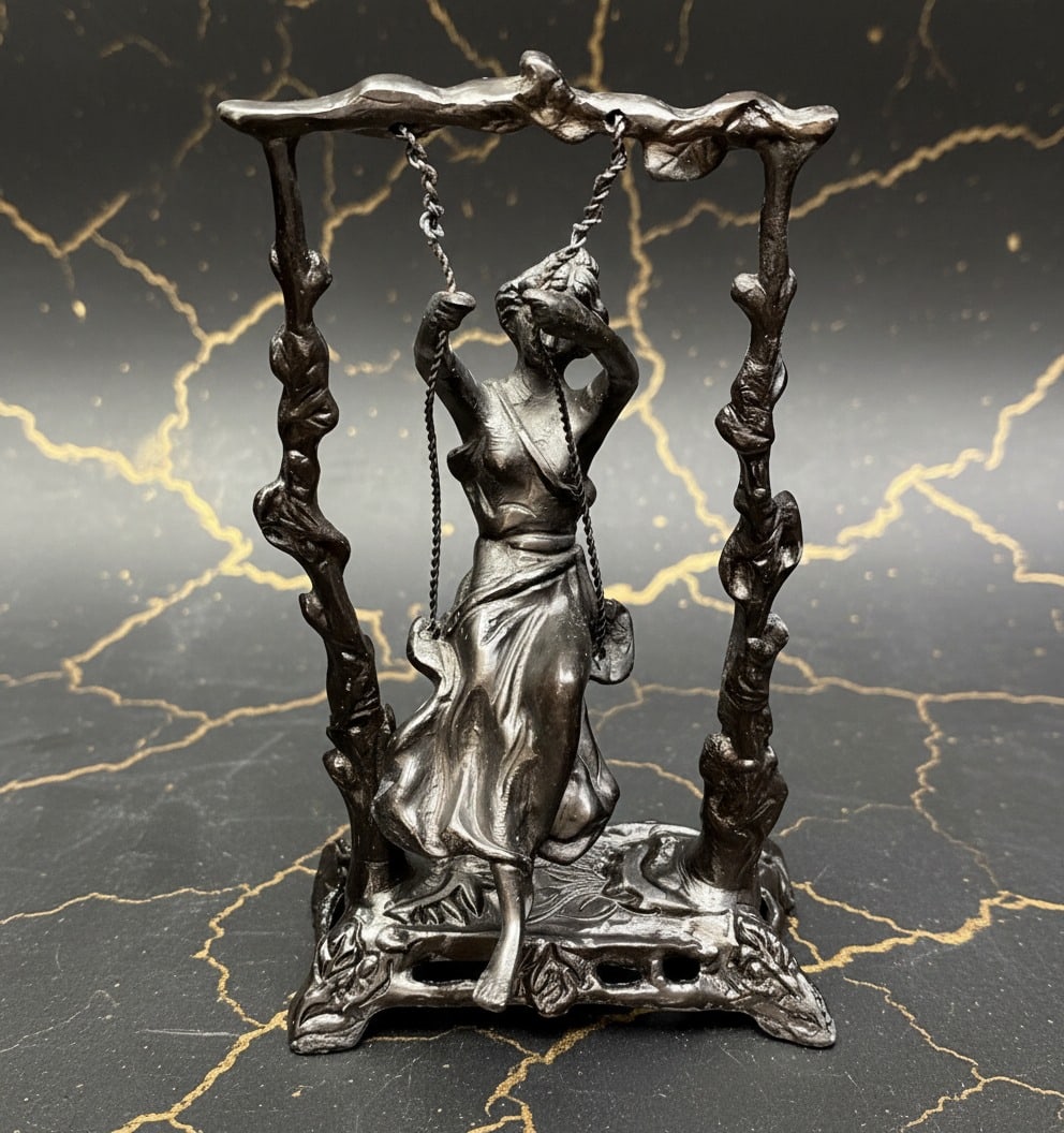 Art Nouveau Bronze Girl On Swing Statue Figurine Vintage Style Sculpture - 8