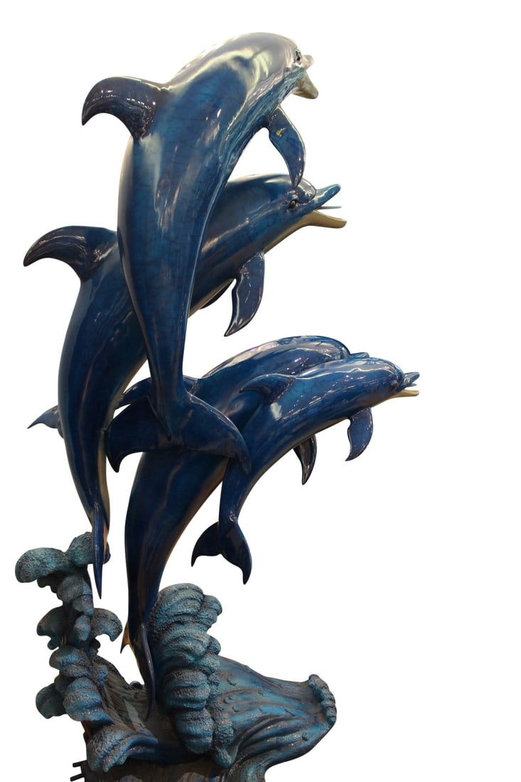 Five Dolphins On Wave Bronze Statue/Fountain - Size: 47"L x 27"W x 84"H. - 2