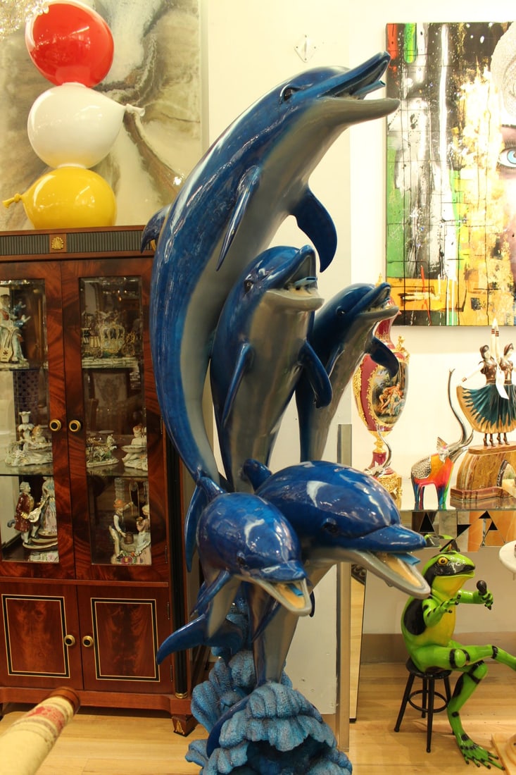 Five Dolphins On Wave Bronze Statue/Fountain - Size: 47"L x 27"W x 84"H. - 3
