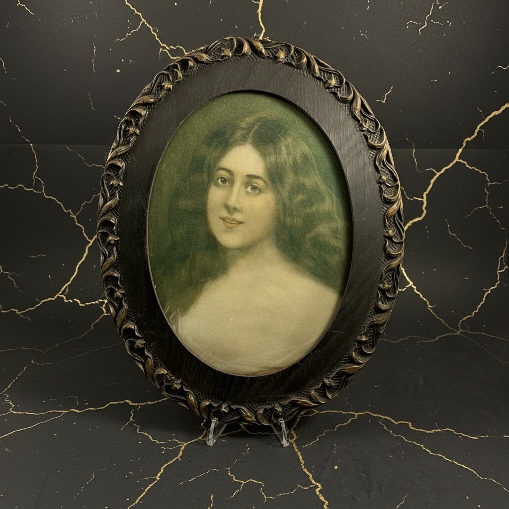 Vintage Circular Wooden Picture Frame Holding Female Portrait Art Decor (1 of 4)