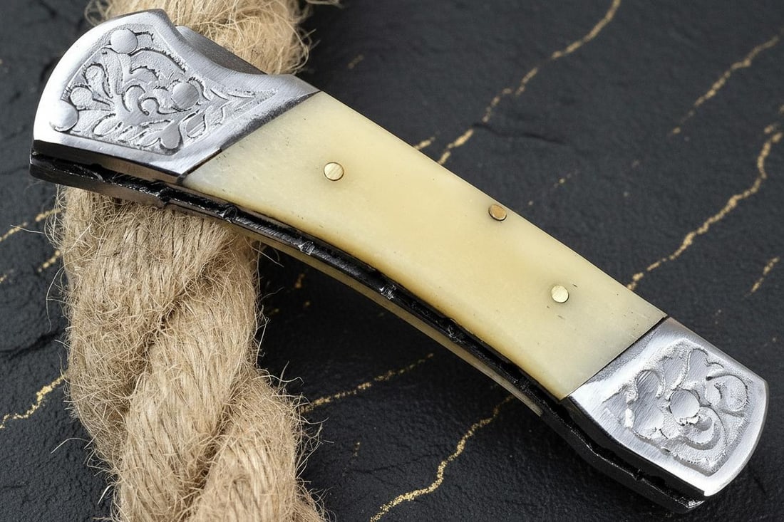 Hand Forged Damascus Steel Pocket Knife 7" Folding Lockback with Wood Handle Sheath - 4