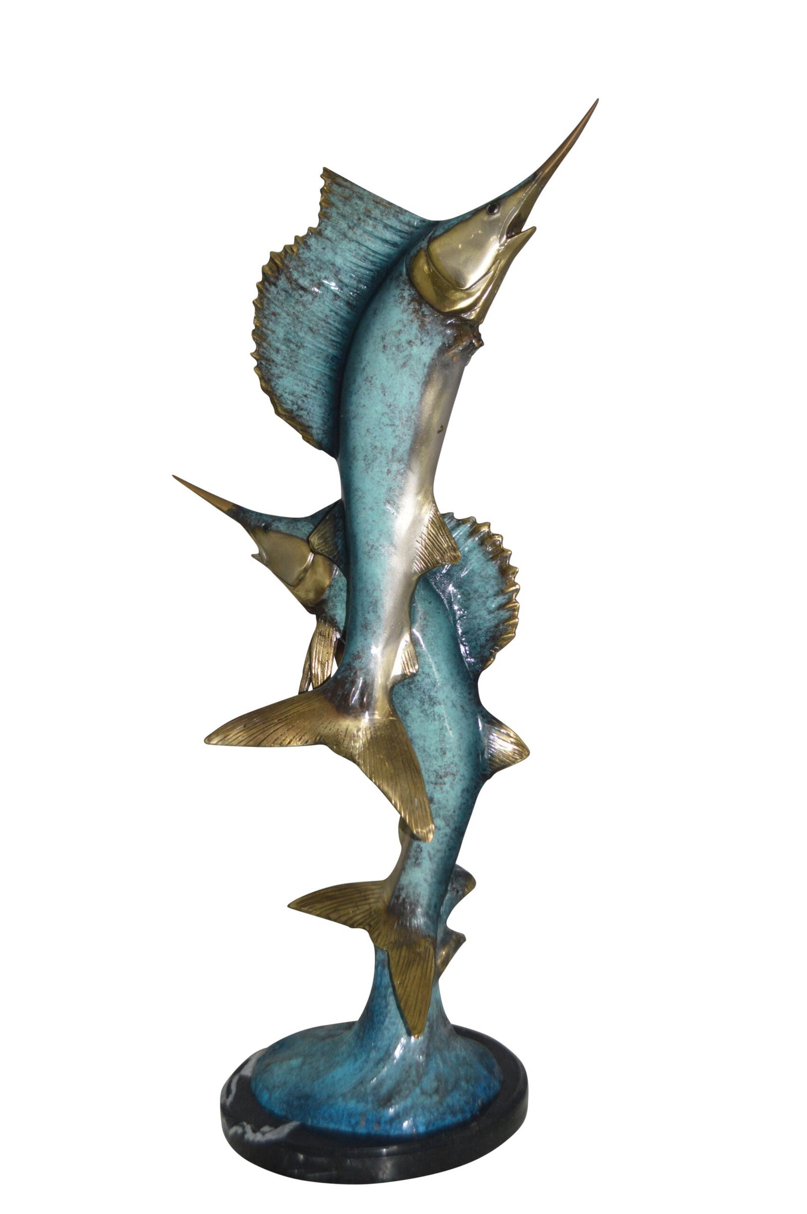 Two Sailfish jumping of water bronze statue - Size: 13"L x 6"W x 28"H.: Title:Two Sailfish jumping of water bronze statue - Size: 13"L x 6"W x 28"H. Description:A beautiful standing statue featuring in a natural form of 2 big Sailfish. A timeless Creation in lost wax