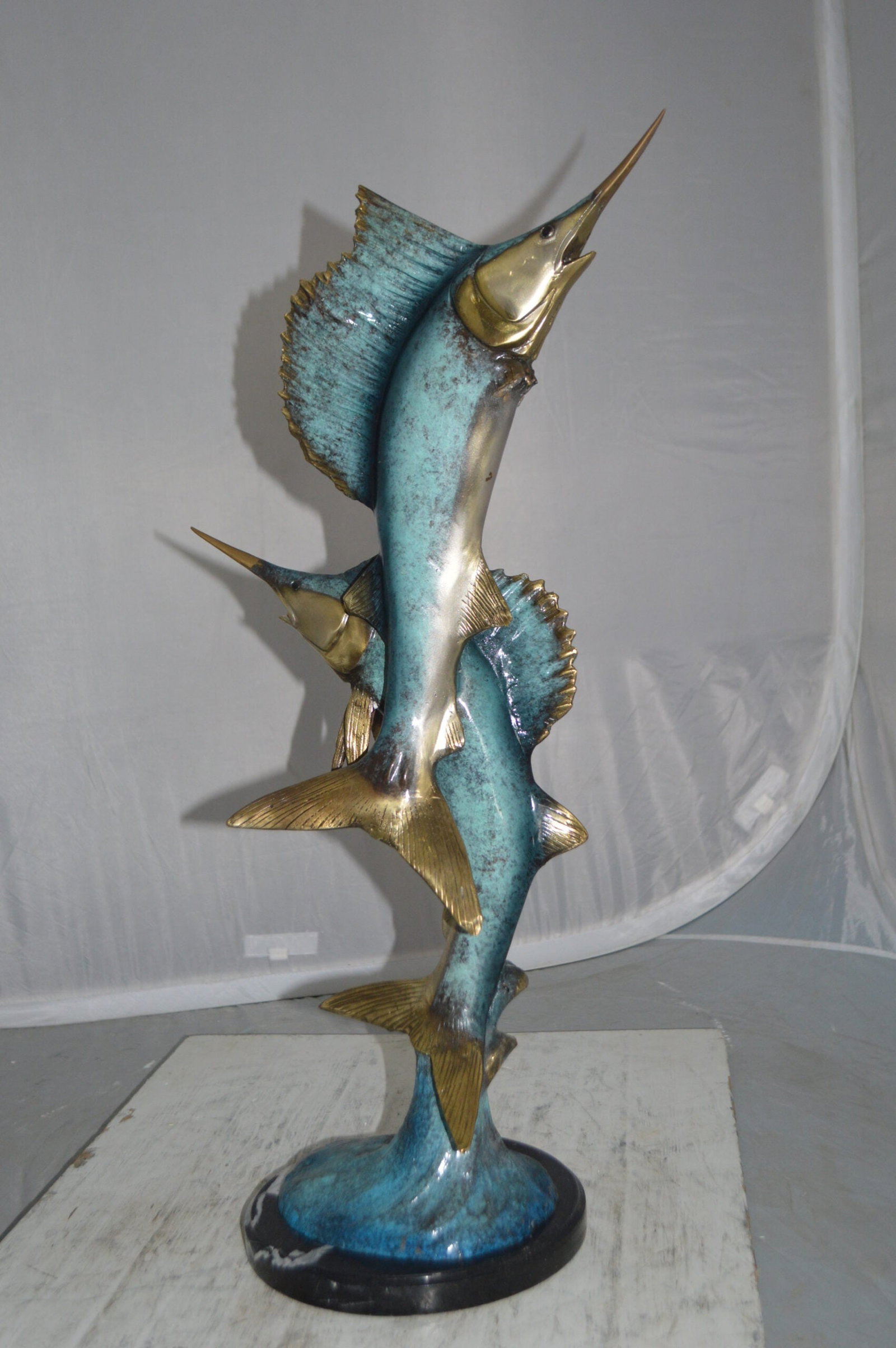 Two Sailfish jumping of water bronze statue - Size: 13"L x 6"W x 28"H. - 2