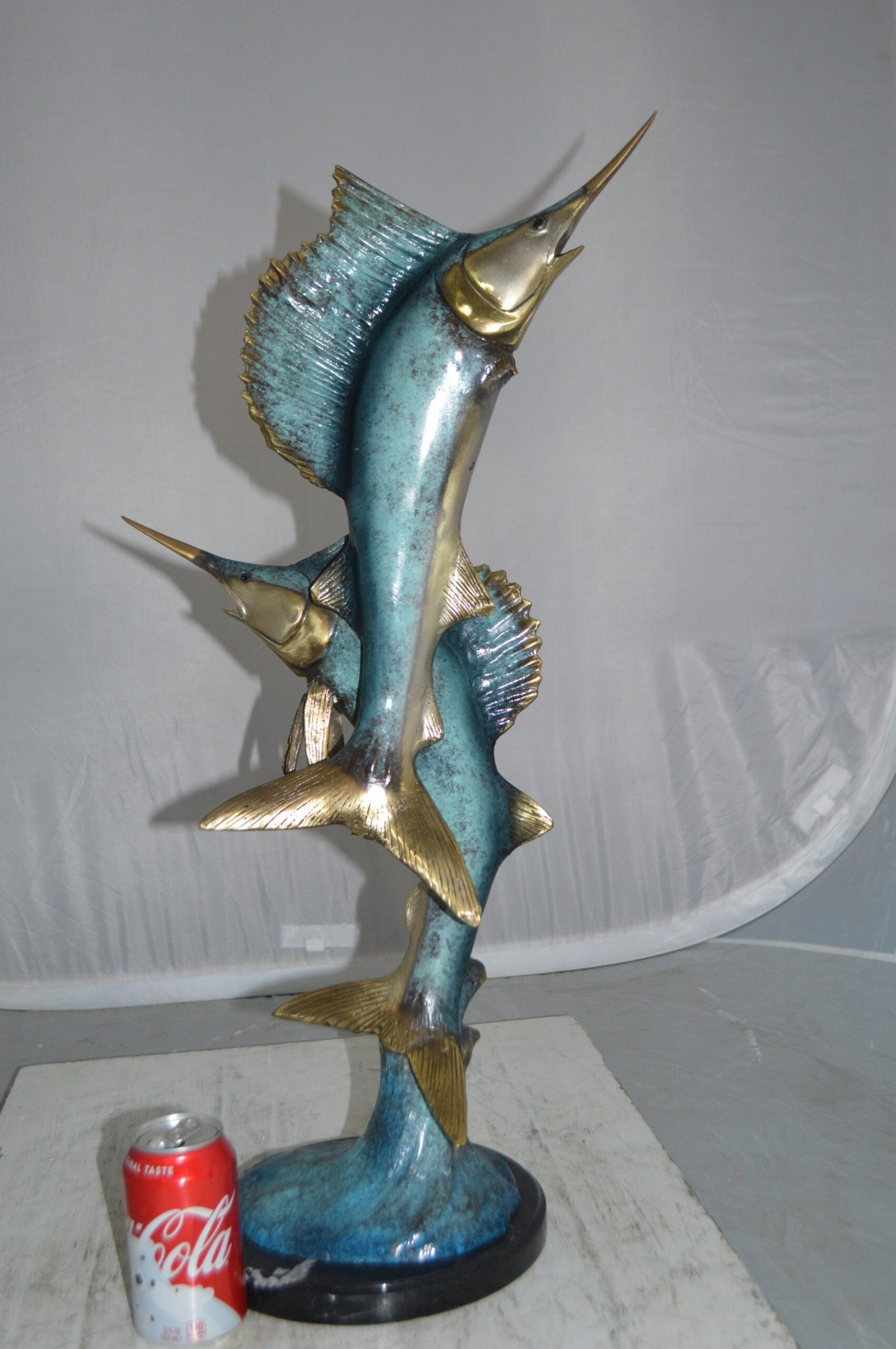 Two Sailfish jumping of water bronze statue - Size: 13"L x 6"W x 28"H. - 3