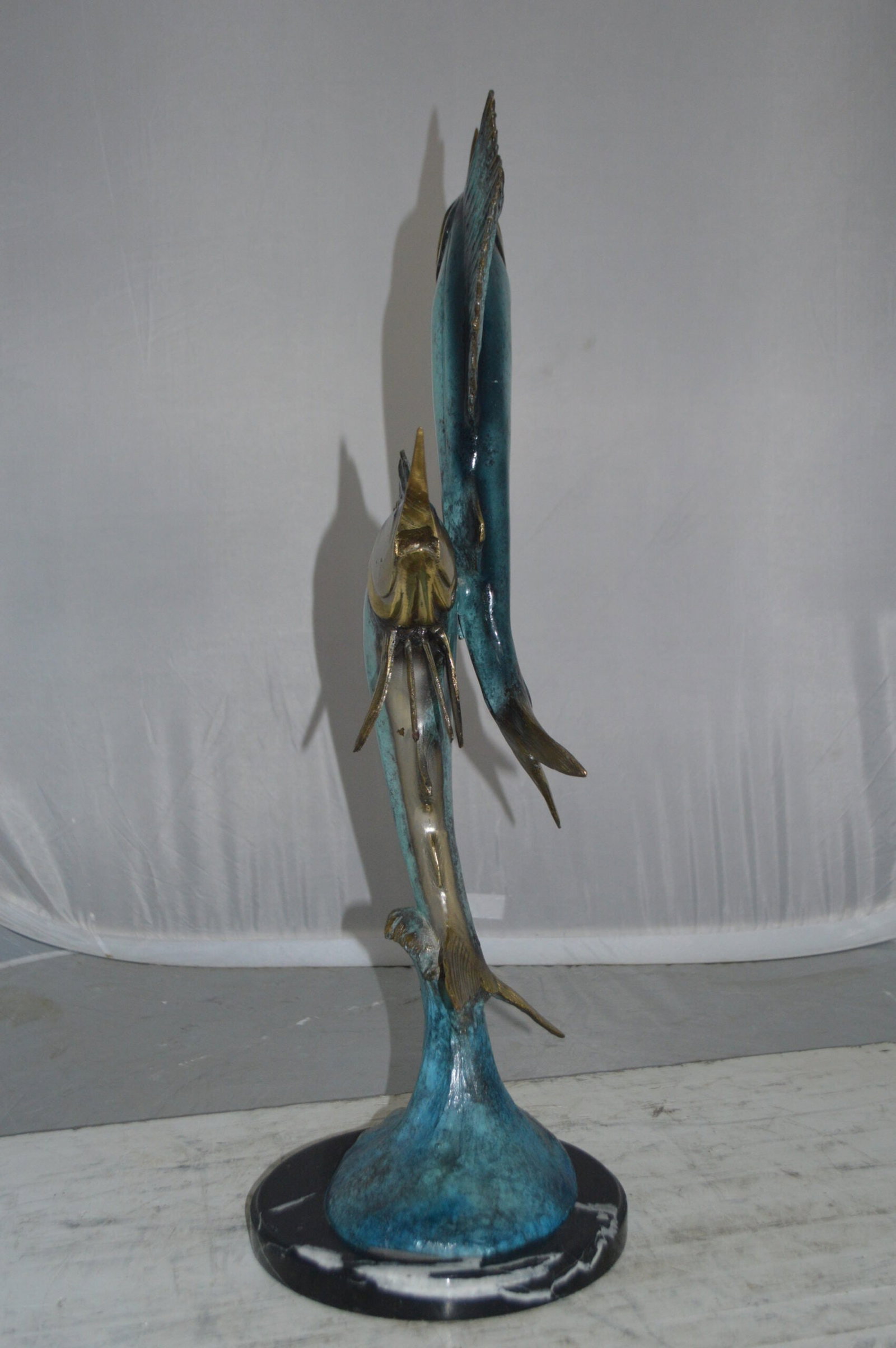 Two Sailfish jumping of water bronze statue - Size: 13"L x 6"W x 28"H. - 6