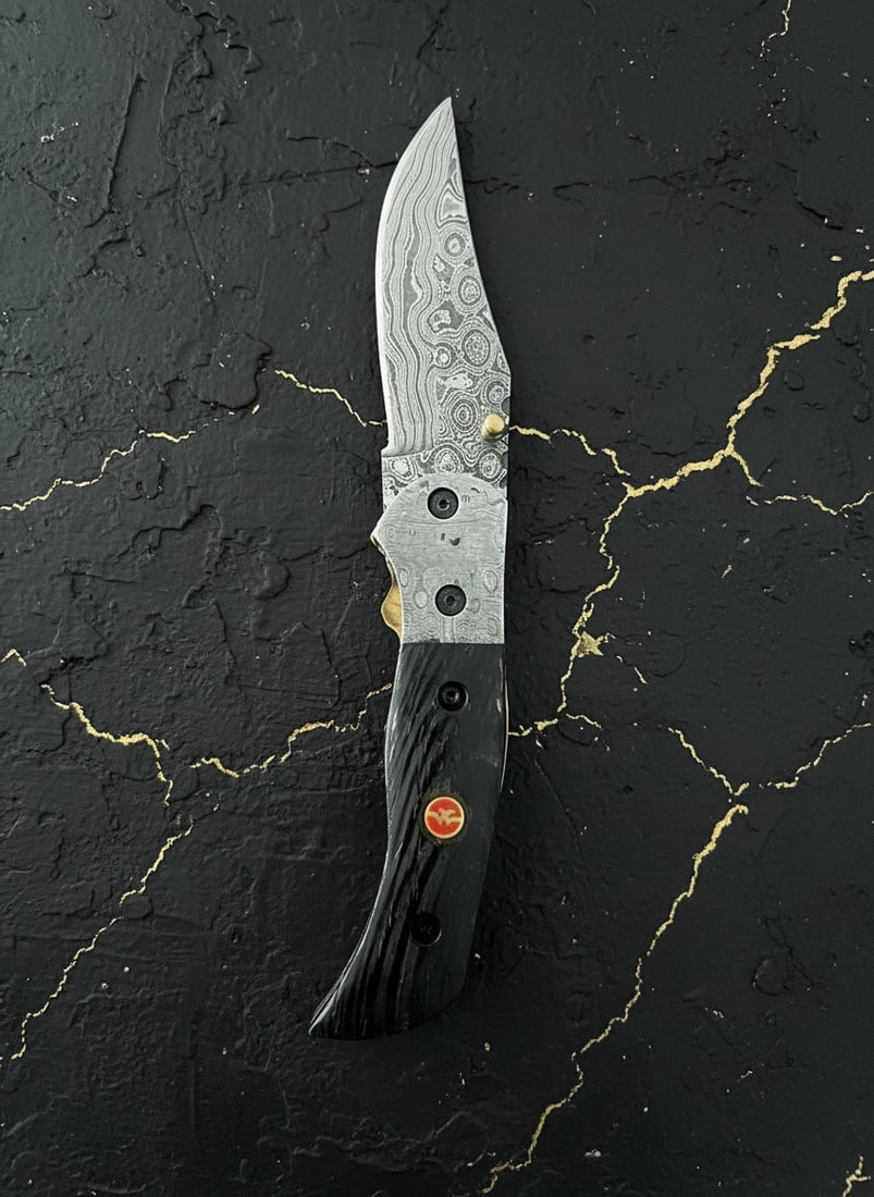 Handmade Damascus Steel Folding Knife, Micarta Handle, Premium Sheath Case - 6