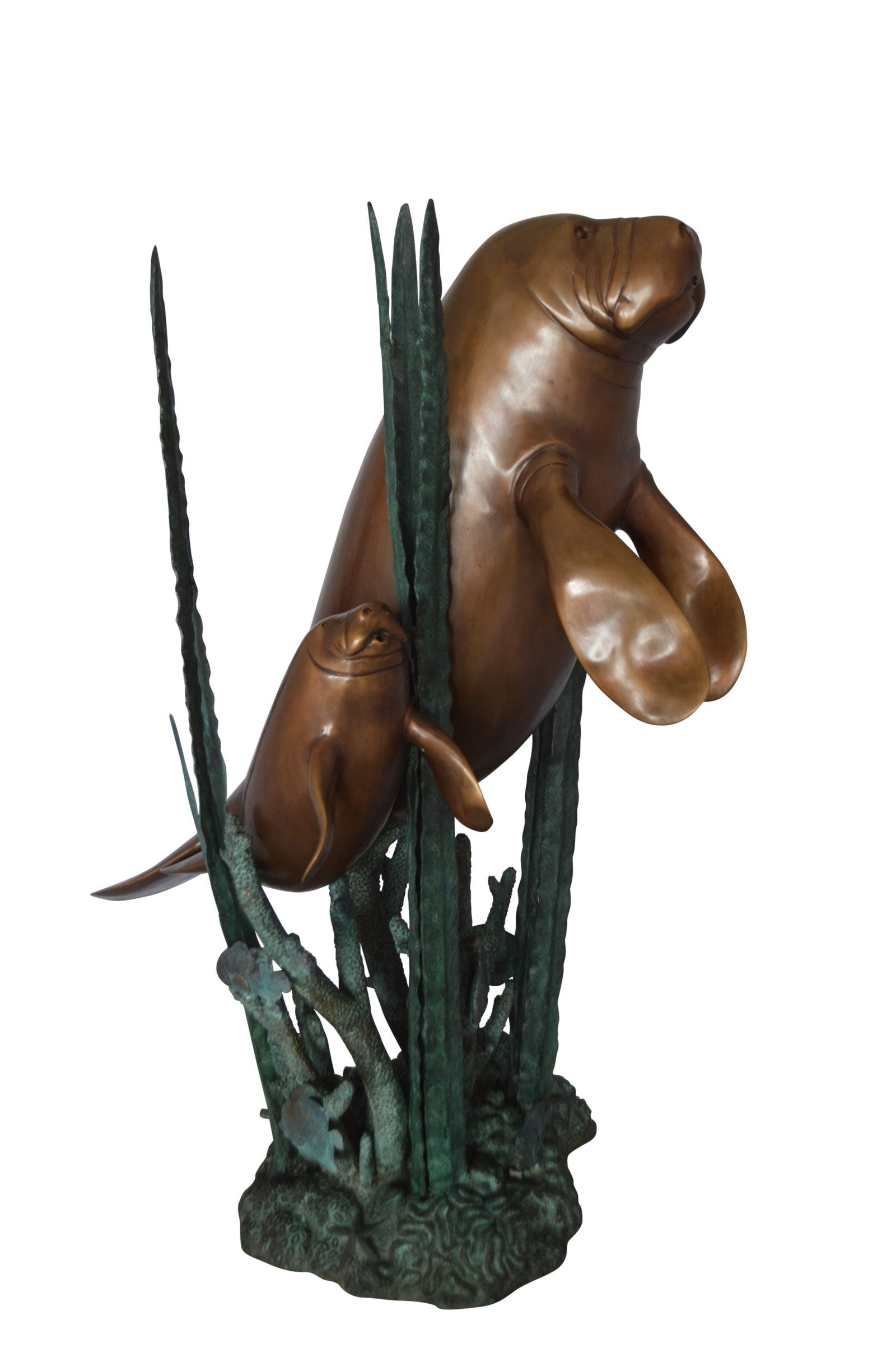 Two Large Manatees swimming Bronze Fountain Statue - Size: 23"L x 42"W x 42"H.: Title:Two Large Manatees swimming Bronze Fountain Statue - Size: 23"L x 42"W x 42"H. Description:A beautiful pair of Manatees swimming in the ocean standing fountain statue. Featuring in a natural