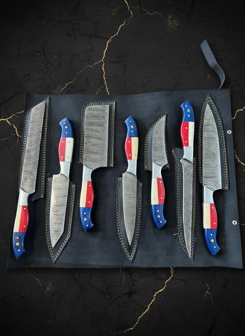 7Pc Damascus Steel Kitchen Knife Set Texas Flag Handle w/ Leather Roll Bag - 3