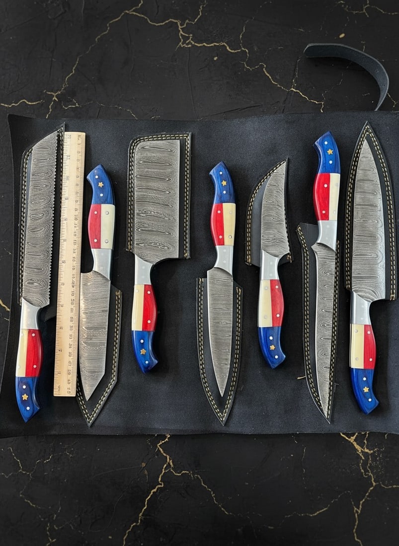 7Pc Damascus Steel Kitchen Knife Set Texas Flag Handle w/ Leather Roll Bag - 4