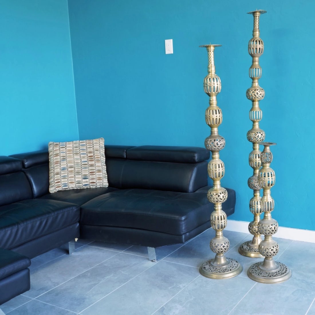 Three Indian Brass Floor Candle Pillars/Stands - 2