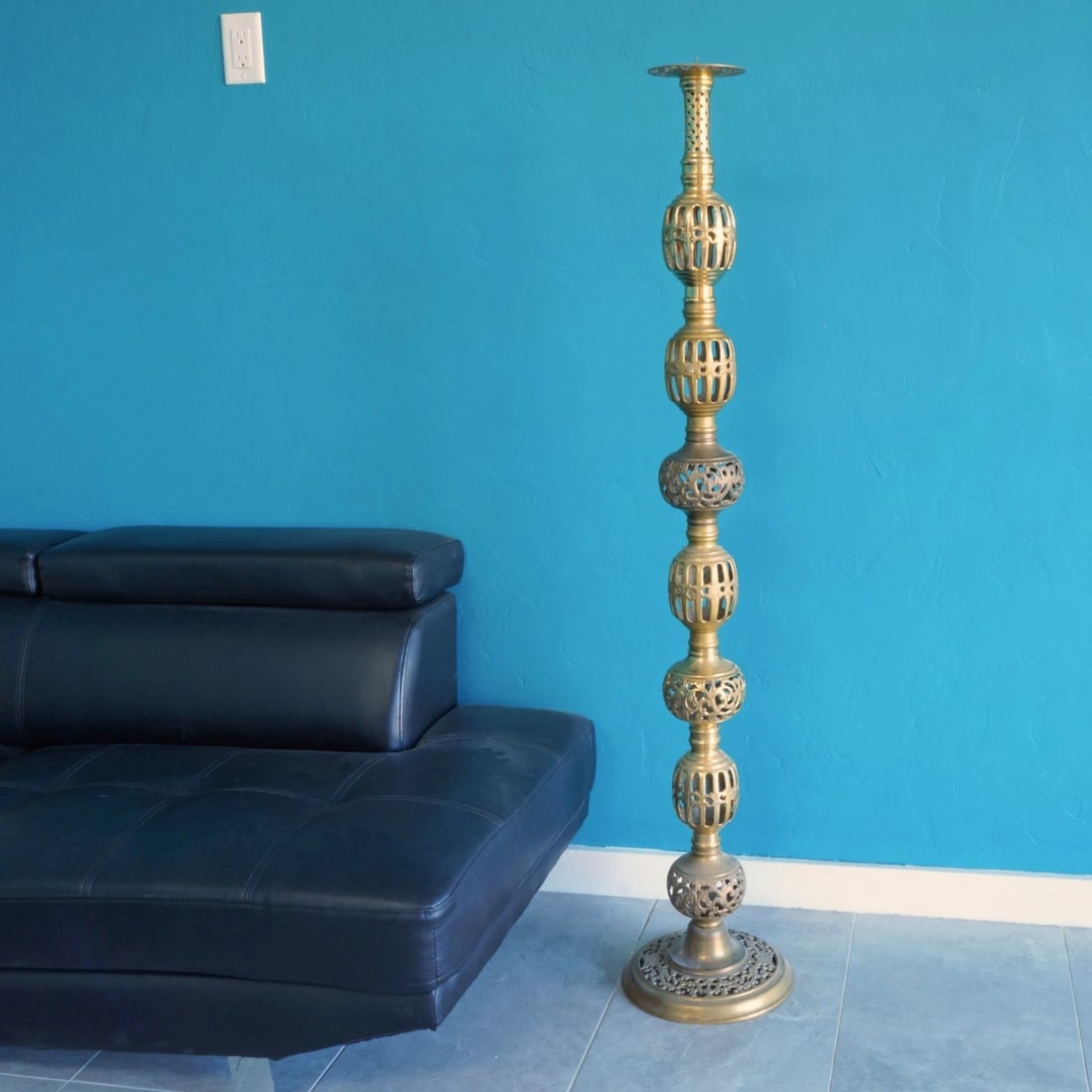 Three Indian Brass Floor Candle Pillars/Stands - 9