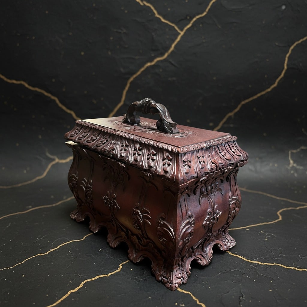Ornate Wooden Victorian Style Tea Storage Box Antique Look Excellent Shape: Title:Ornate Wooden Victorian Style Tea Storage Box Antique Look Excellent Shape Description:This vintage reproduction Victorian tea chest is a charming piece of collectible dinnerware that adds a tou