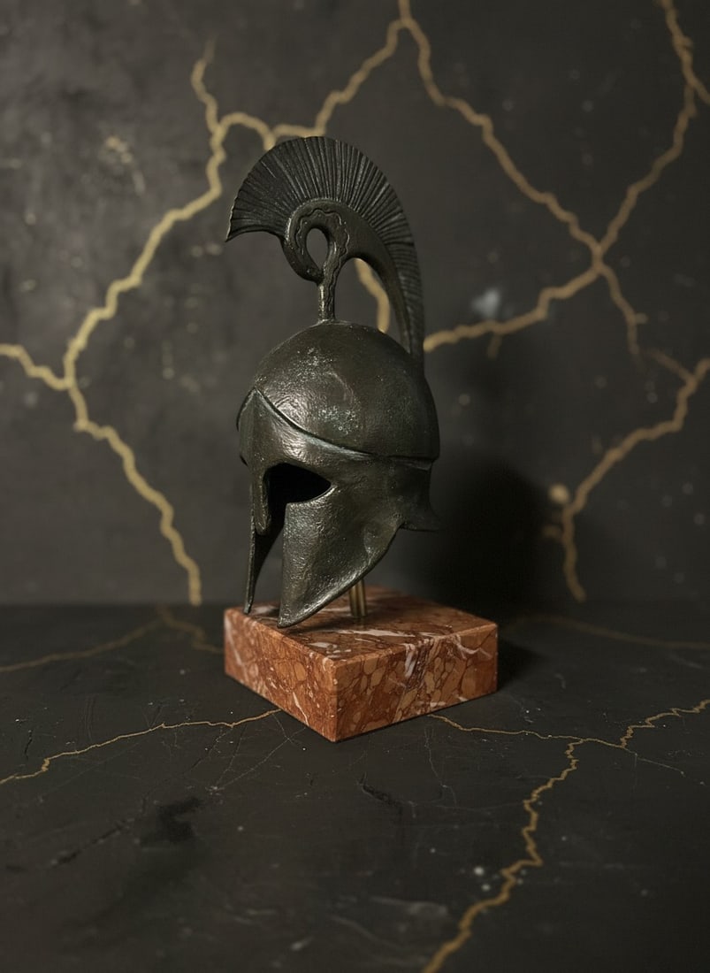 Ancient Spartan Corinthian Metal Helmet Sculpture Classic Greek Decor: Title:Ancient Spartan Corinthian Metal Helmet Sculpture Classic Greek Decor Description:This decorative reproduction of a Medieval Ancient Greek Corinthian Helmet statue offers a refined aesthetic for