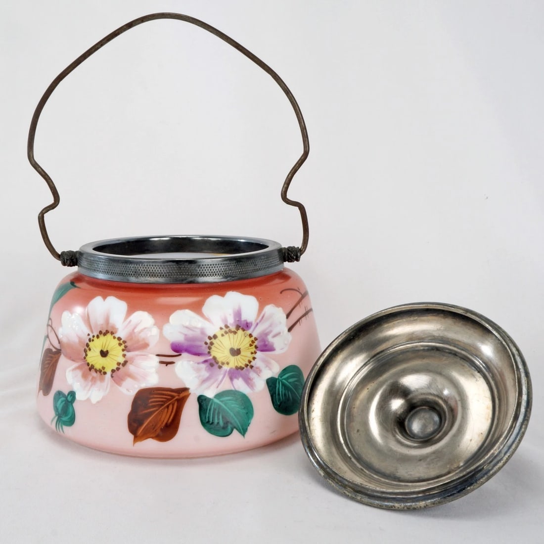 Victorian Painted Glass Biscuit Jar Silverplate - 6