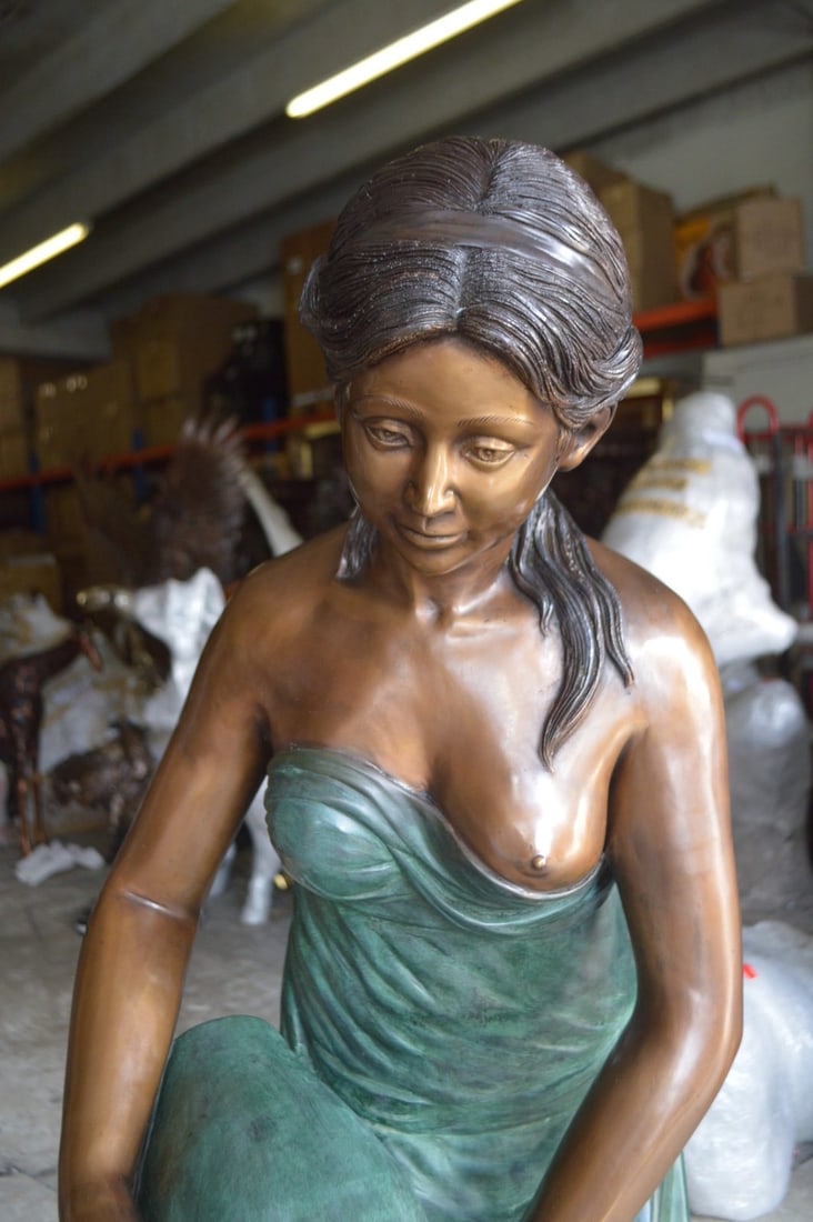 Girl Holding a Pot on Shell Fountain Bronze Statue - Size: 33"L x 30"W x 62"H. - 9