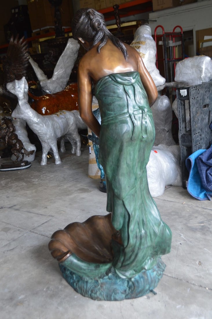 Girl Holding a Pot on Shell Fountain Bronze Statue - Size: 33"L x 30"W x 62"H. - 10