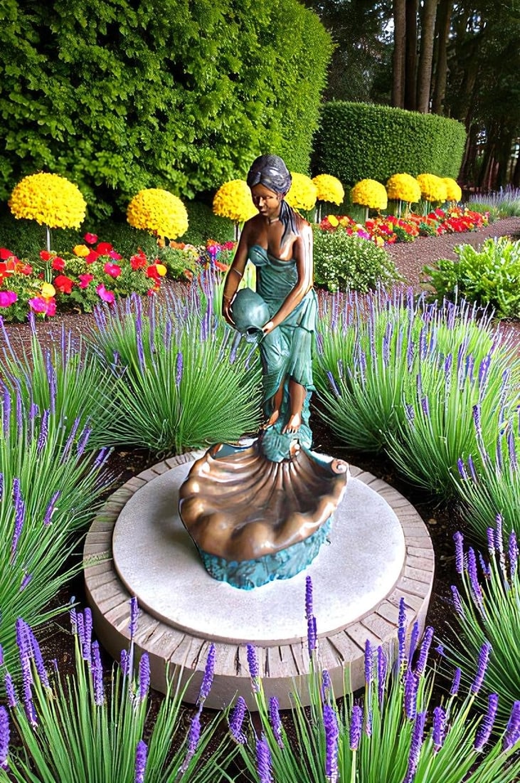 Girl Holding a Pot on Shell Fountain Bronze Statue - Size: 33"L x 30"W x 62"H. - 11
