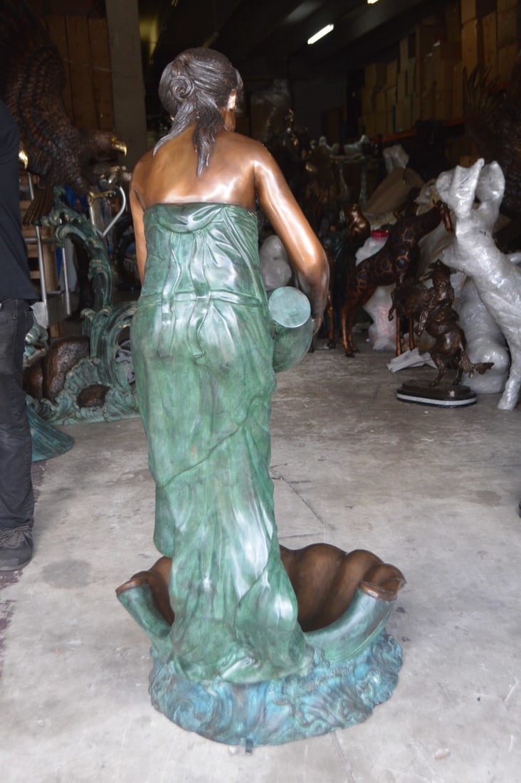 Girl Holding a Pot on Shell Fountain Bronze Statue - Size: 33"L x 30"W x 62"H. - 13