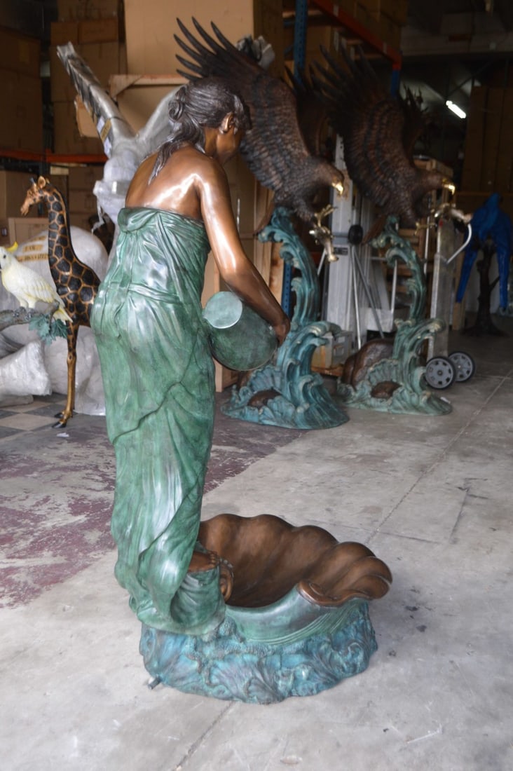Girl Holding a Pot on Shell Fountain Bronze Statue - Size: 33"L x 30"W x 62"H. - 14